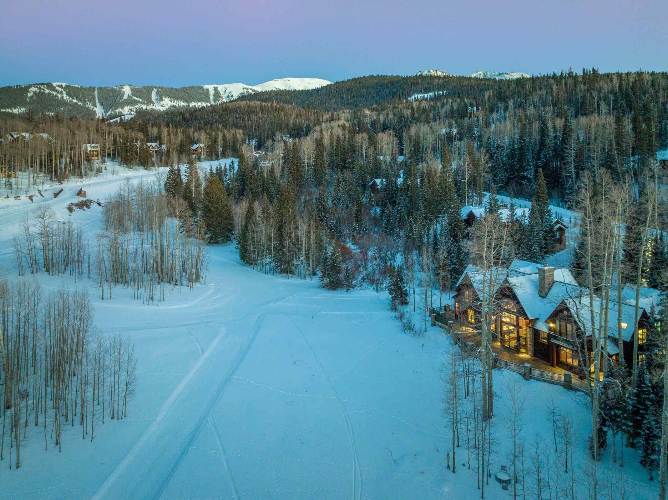 Drone shot of ski-in/ski-out residence in Mountain Village, Colorado. 