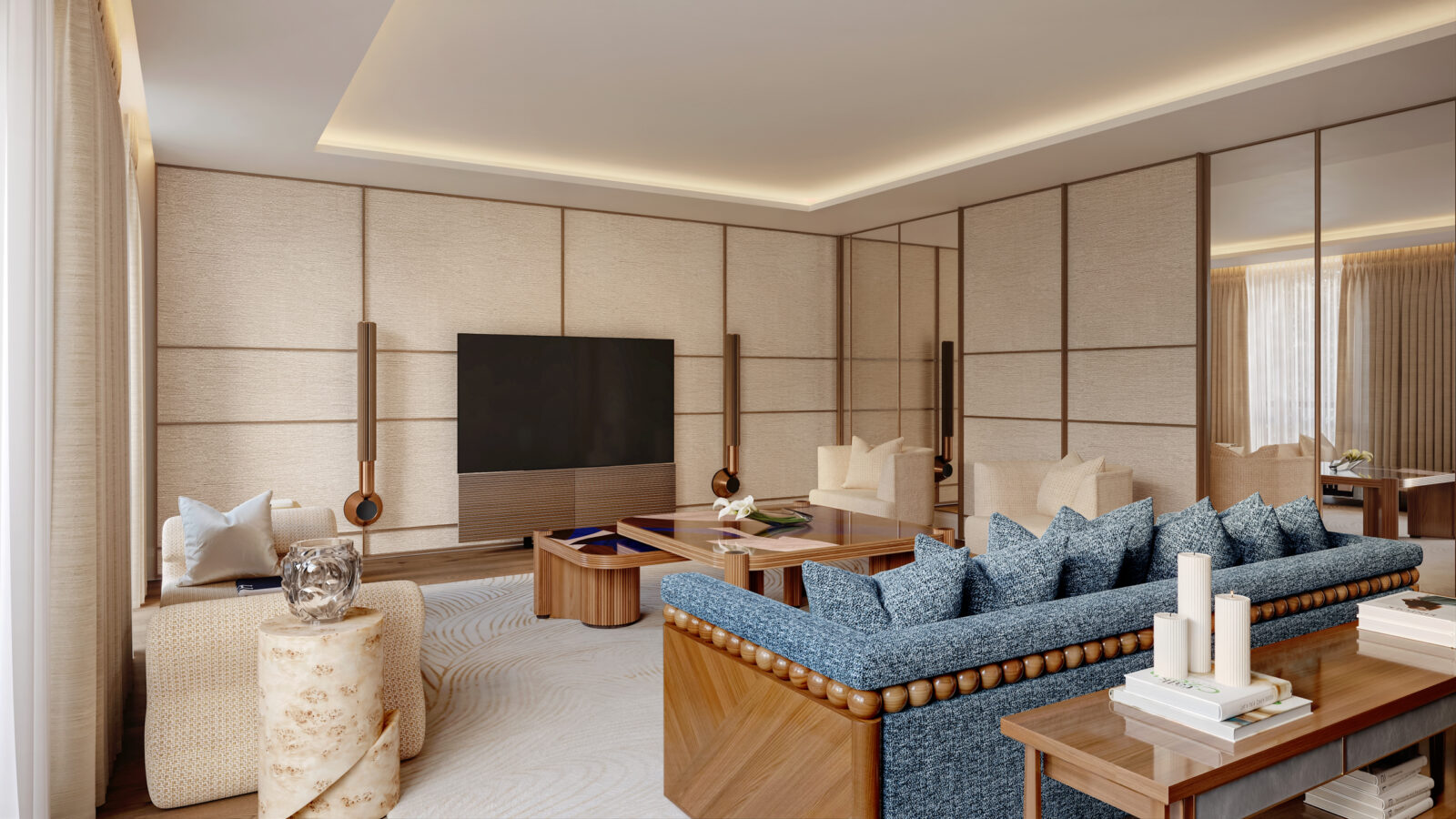 Living room with paneled walls and large bespoke sofa by Studio SHEPEL'