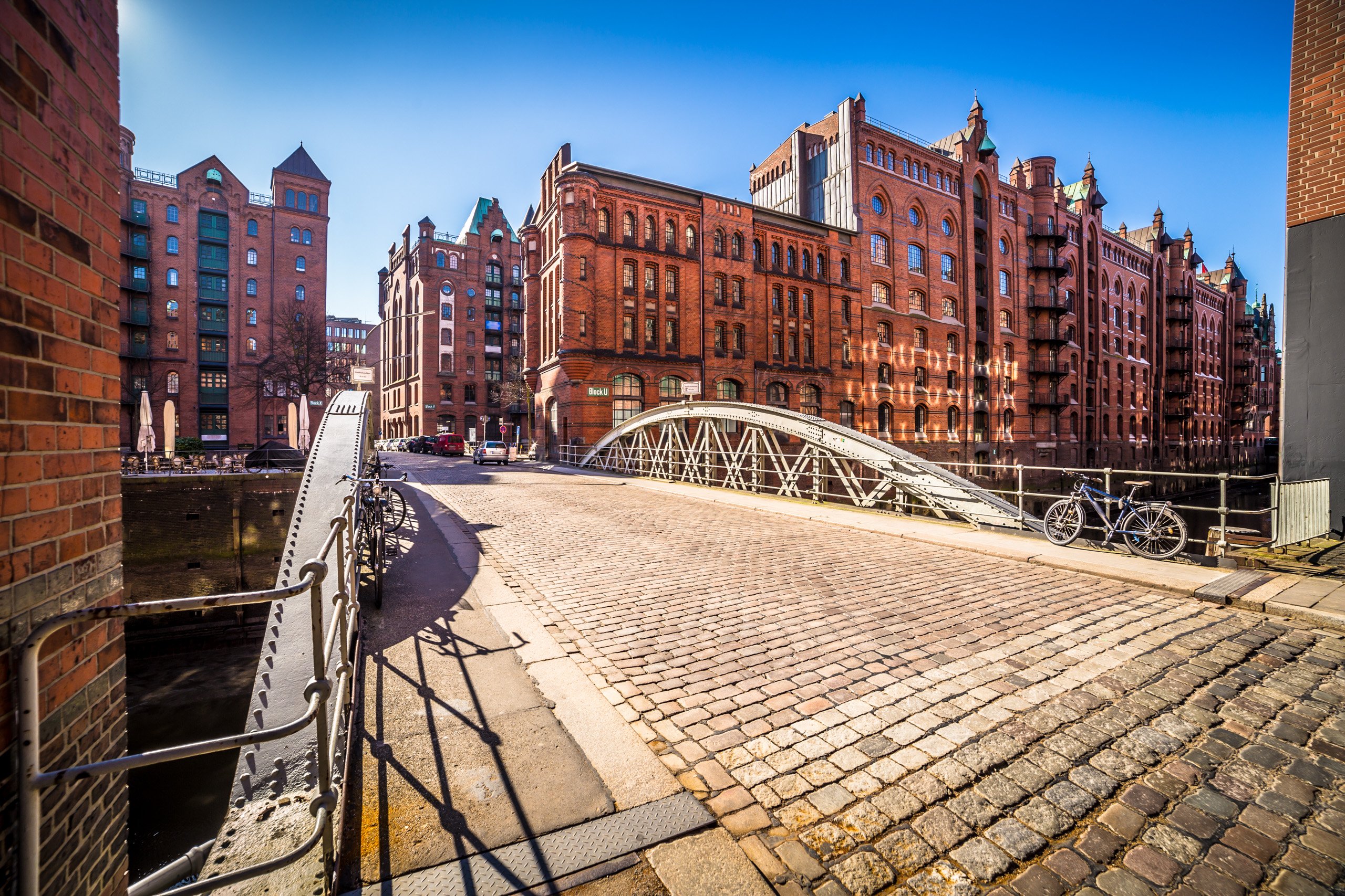 speicherstadt red brick buildings with bridge over canal, Hamburg Germany