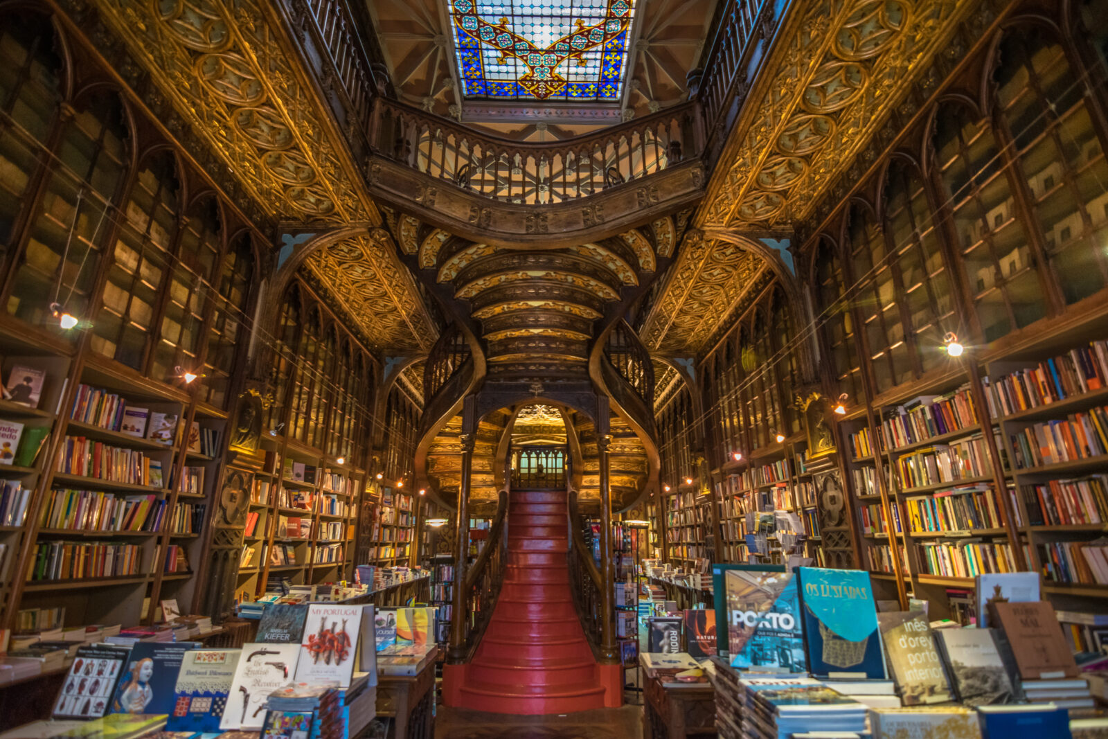 Interior of elaborate Beaux Arts style bookshop in Porto, Portugal