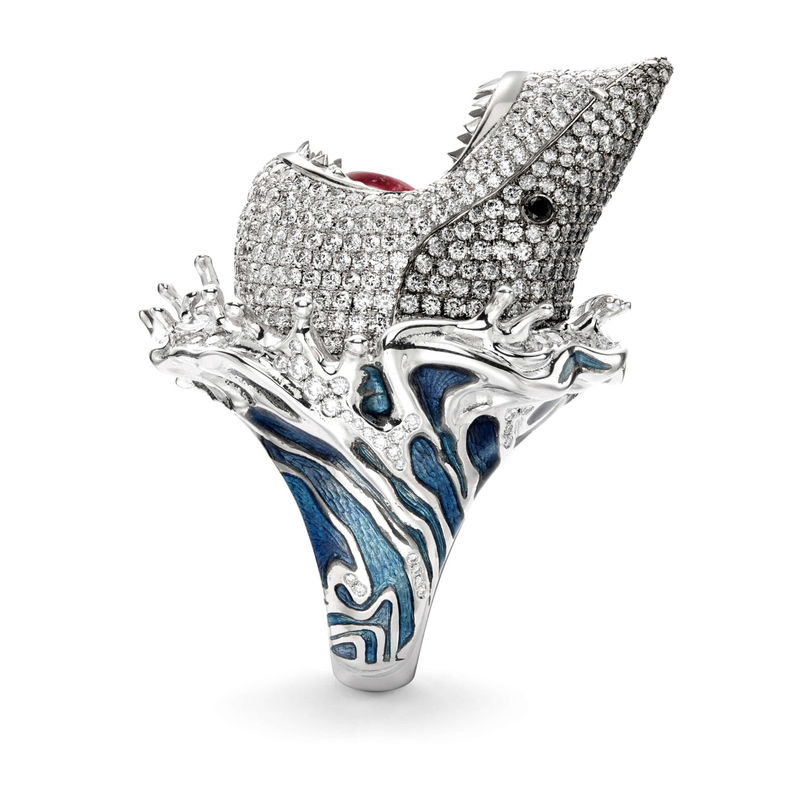 elaborate jewelled ring with a great white shark design