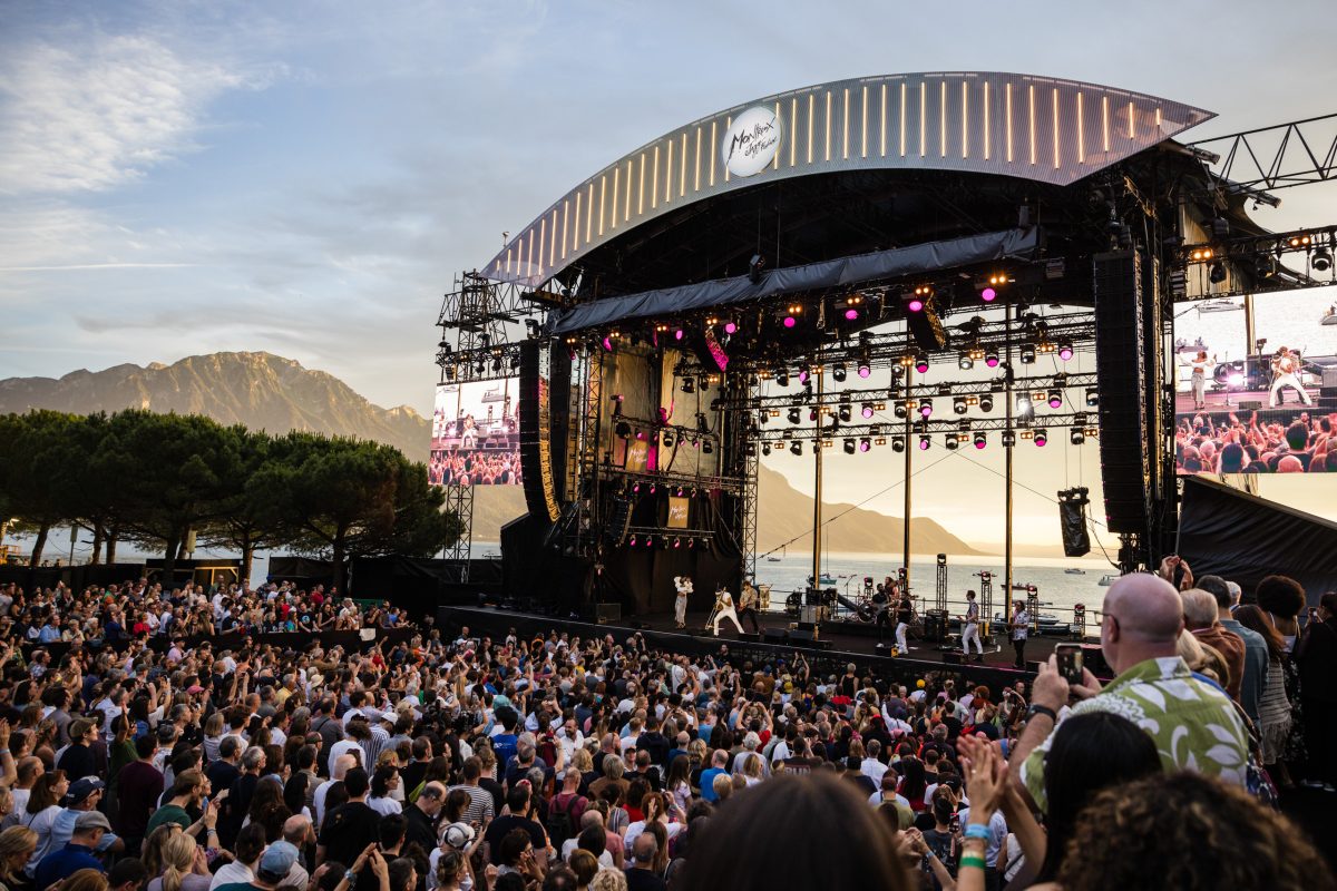 The Lake Stage, framing Lake Geneva (aka Lac Léman), provided an idyllic backdrop for Trombone Shorty's set at the 2024 Montreux Jazz Festival. This year's lineup includes legends like Chaka Khan, Diana Ross, Santana and a tribute to the late, great Quincy Jones. ©Marc Ducrest